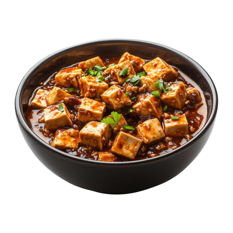 Bowl of mapo tofu Chinese dish with spicy sauce and tofu chunks isolated on transparent background png