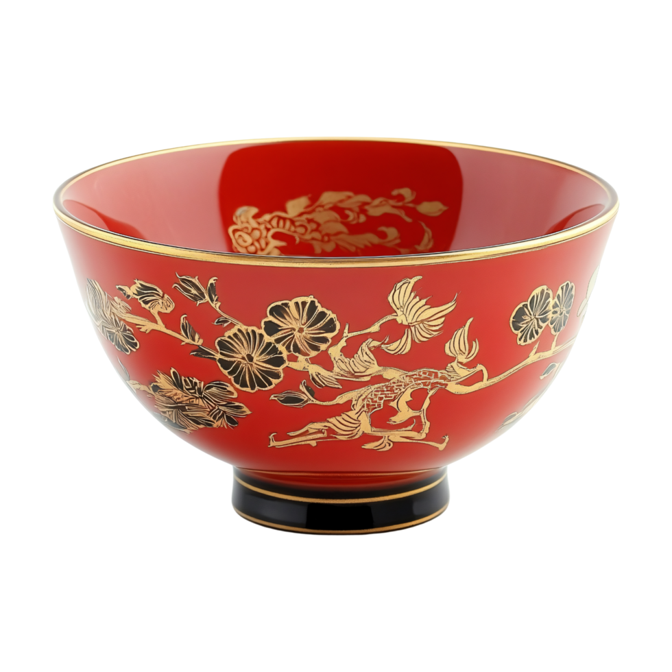Traditional Chinese red bowl with gold patterns isolated on transparent background png