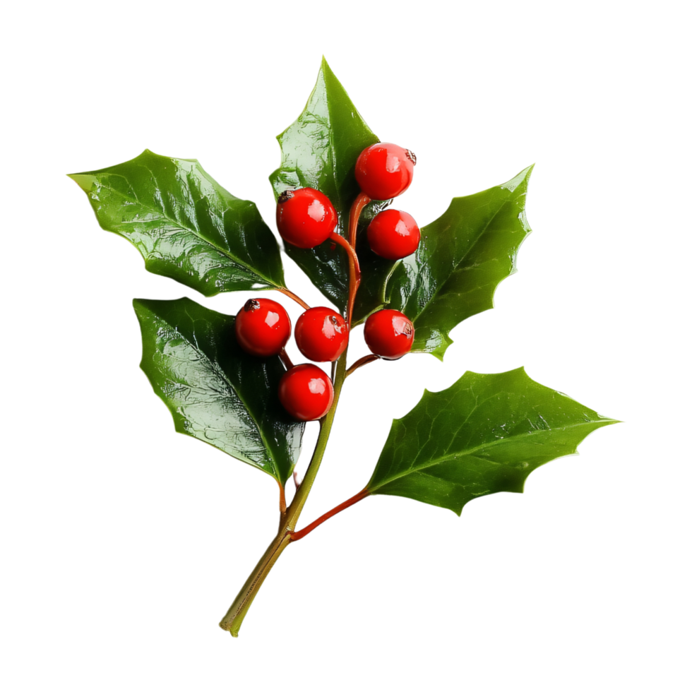 Sprig green holly leaves mistletoe with red berries isolated on transparent background png