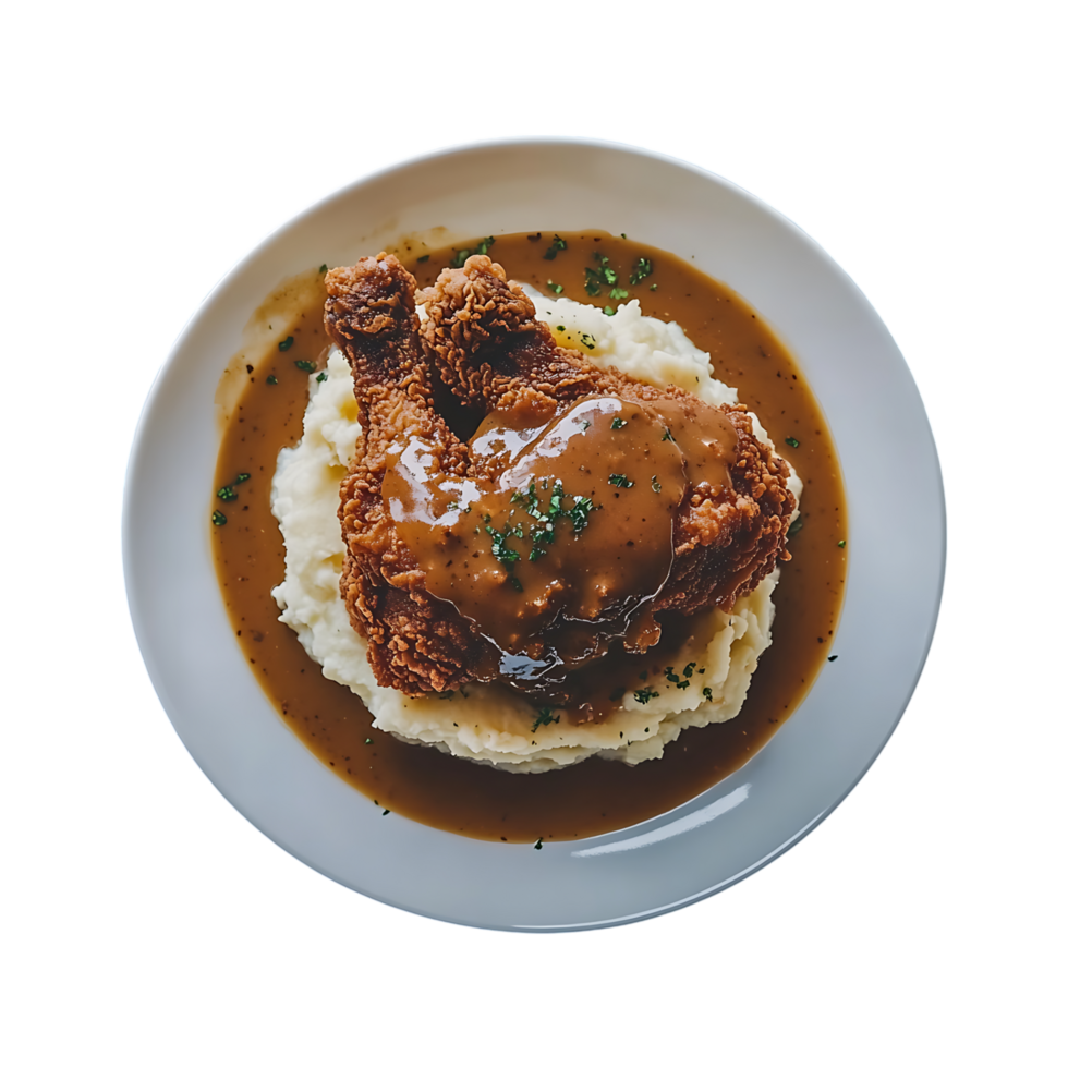Top view of a crispy fried chicken with mashed potato png