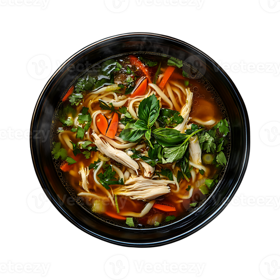 Top view of a healthy chicken noodle soup png