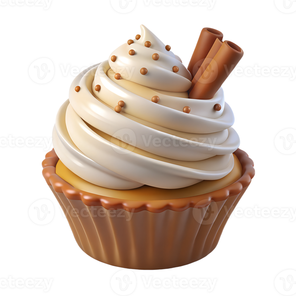 Cupcake with whipped cream adorned with cinnamon sticks 3d illustration isolated png