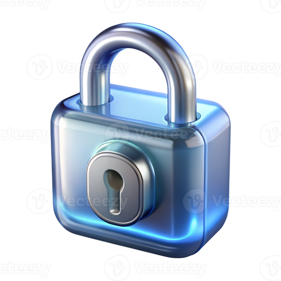 Blue glossy padlock 3d rendered icon isolated on the transparent background png