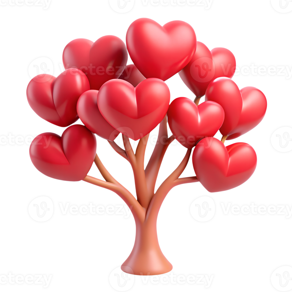 Tree with red heart-shaped leaves 3d illustration isolated on the transparent background png