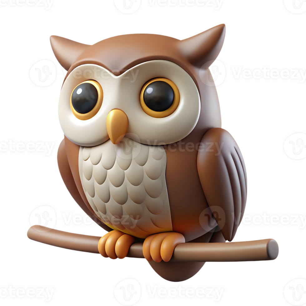Cute cartoon owl bird sitting on the tree branch 3d illustration isolated on the transparent background png