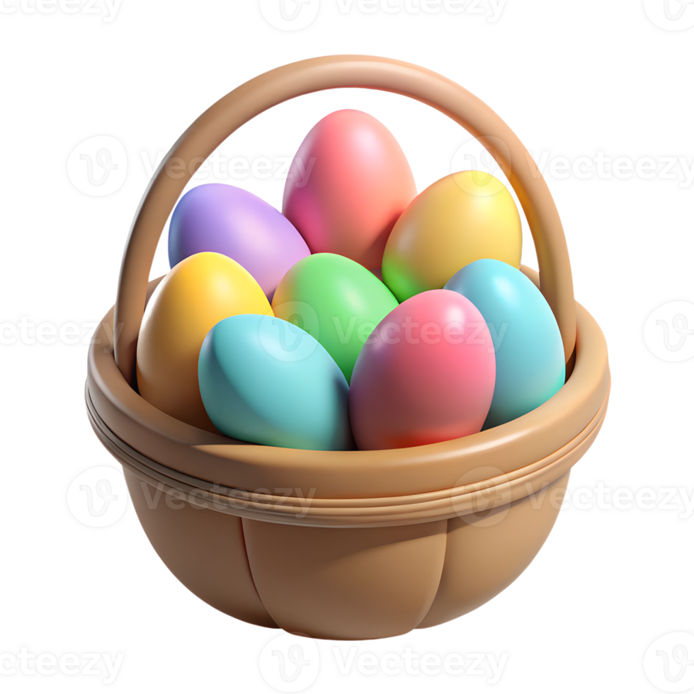 Basket of colorful Easter eggs 3d illustration isolated on the transparent background png