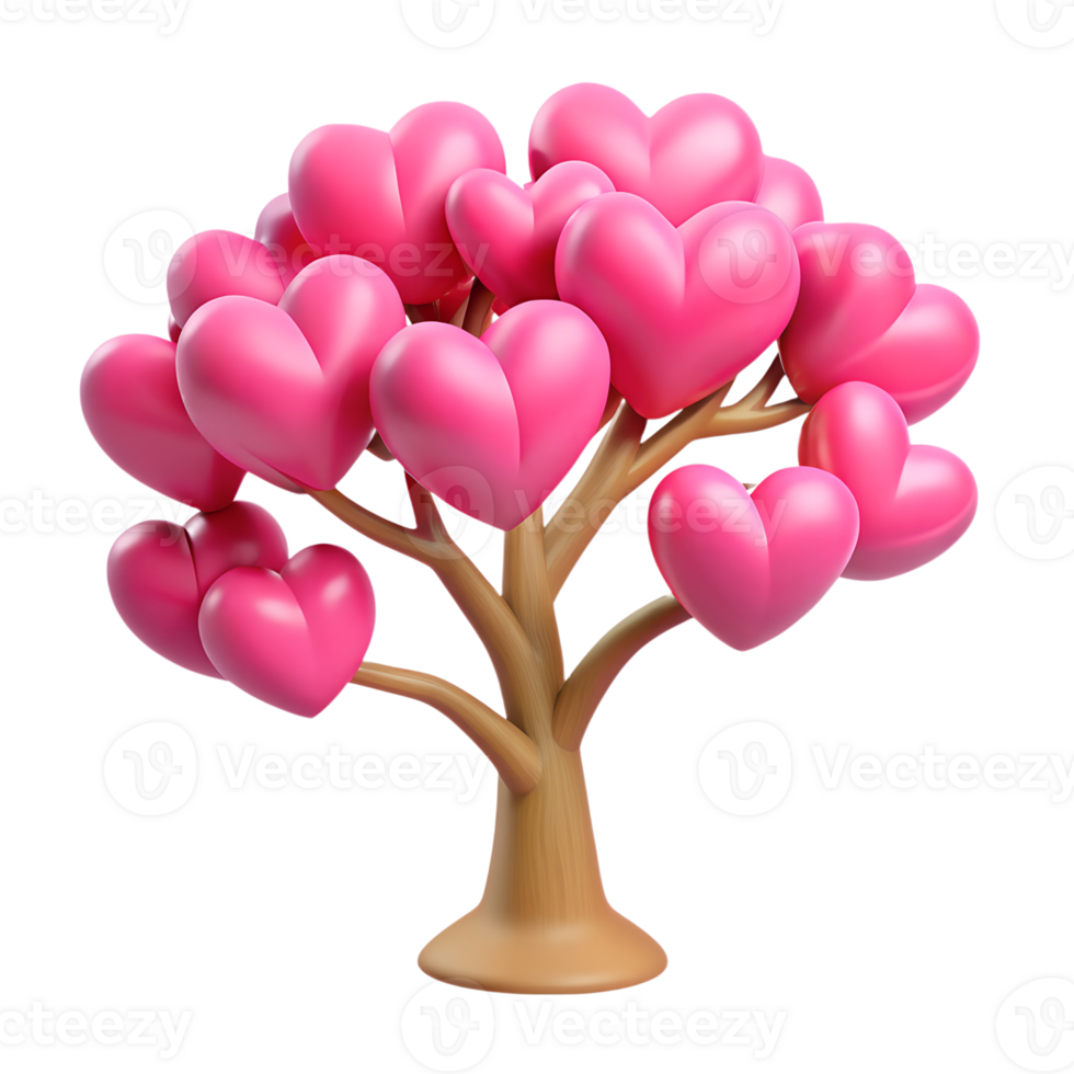 Tree with pink heart-shaped leaves 3d illustration isolated on the transparent background png
