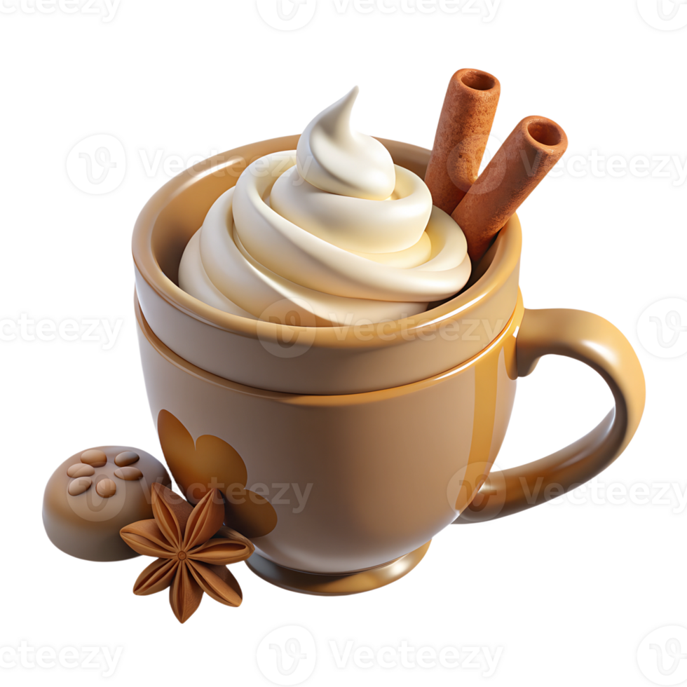 Festive holiday drink with whipped cream and cinnamon 3d illustration png