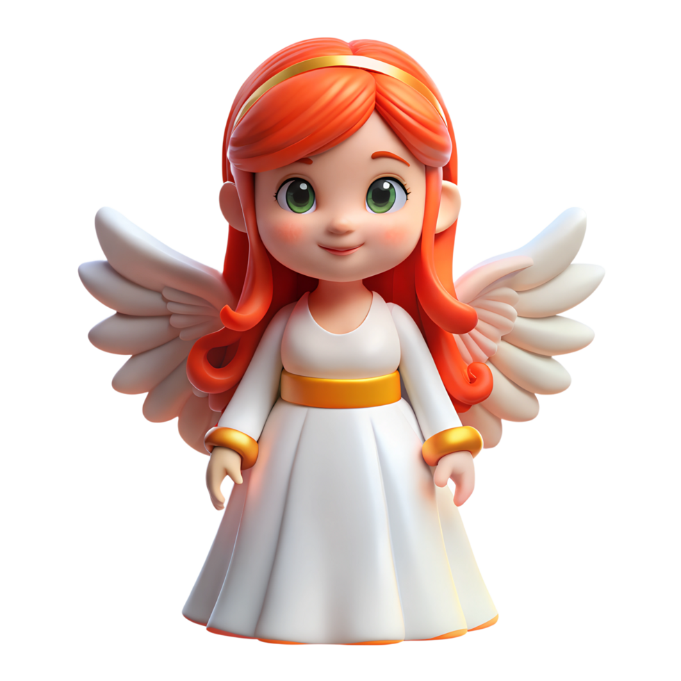 Cute female angel character with red hair and white gown 3d illustration isolated png
