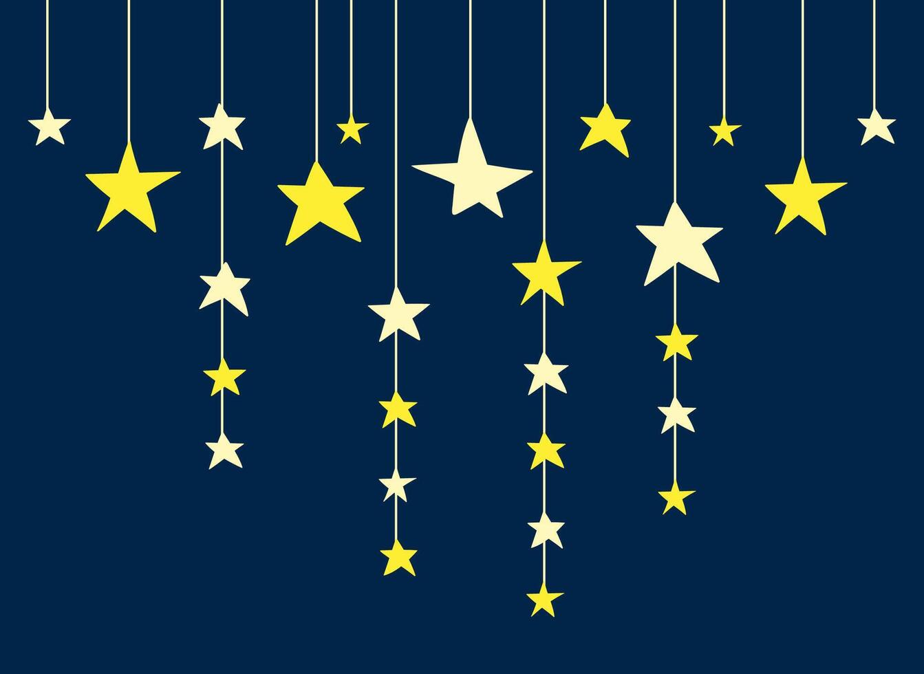 Hand drawn stars garland in contrast colors. Doodle sky background with yellos stars on navy blue vector