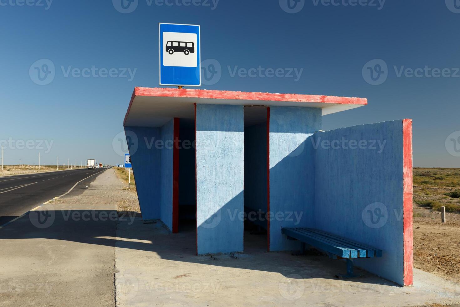 empty bus stop, waiting place for the bus, Kazakhstan photo