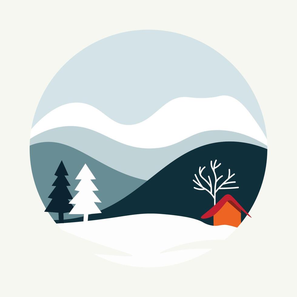 Tranquil Winter Wonderland with Rolling Hills and a Cozy Cabin vector