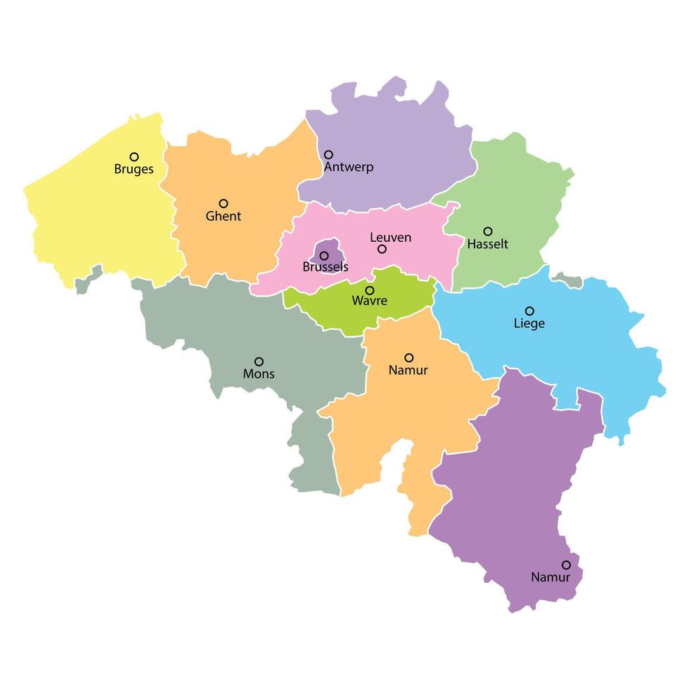 Belgium Map with Regions, Cities, and Colors vector