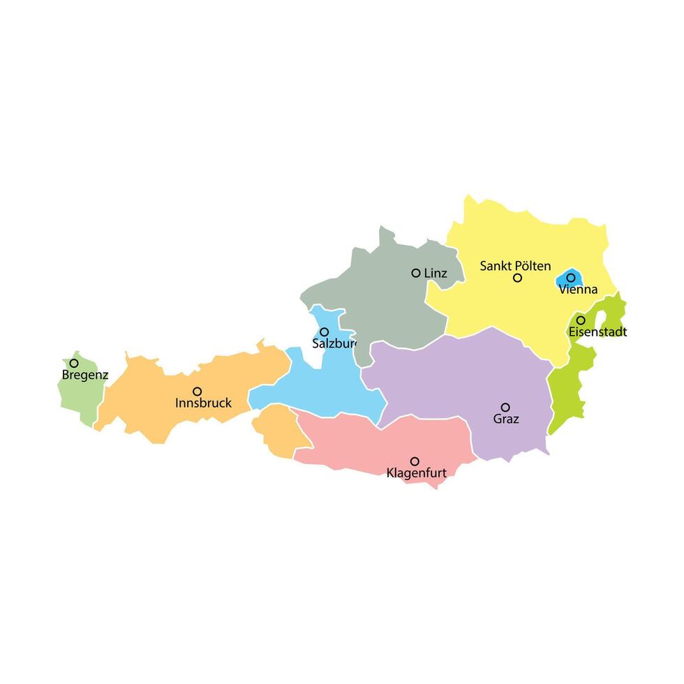 Colorful map of Austria highlighting regions and cities vector