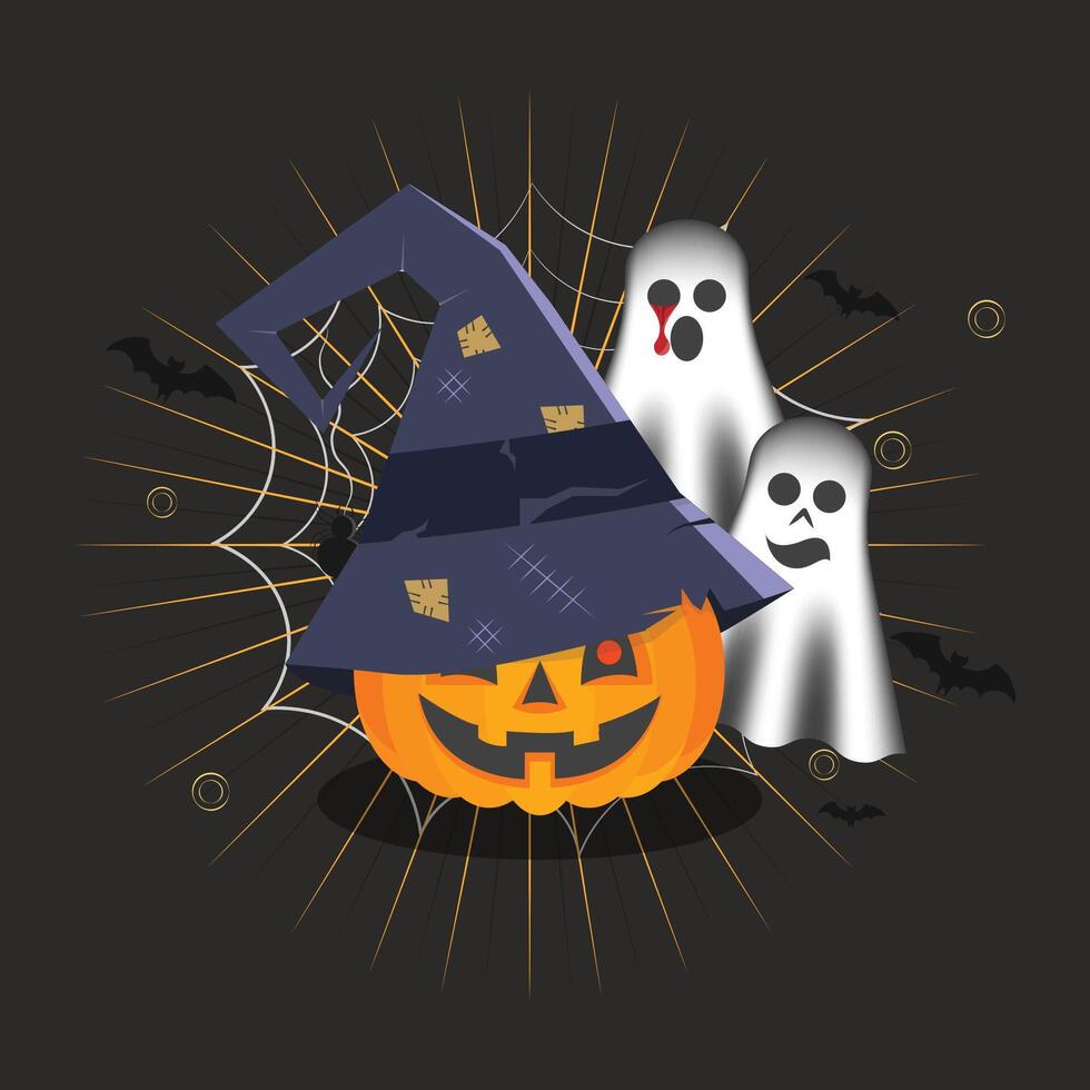 Cute and Creepy Halloween Illustration - Pumpkin with Witch Hat, Ghosts, and Bats vector