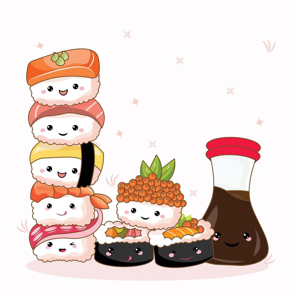 A cute stack collection of kawaii-style sushi vector