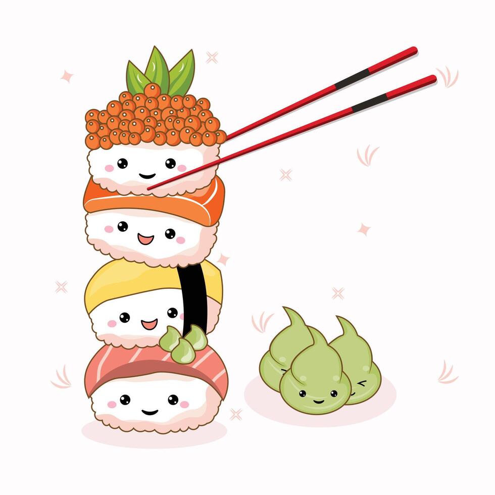 A cute stack collection of kawaii-style sushi. Featuring traditional Japanese dishes with a cute faces. vector