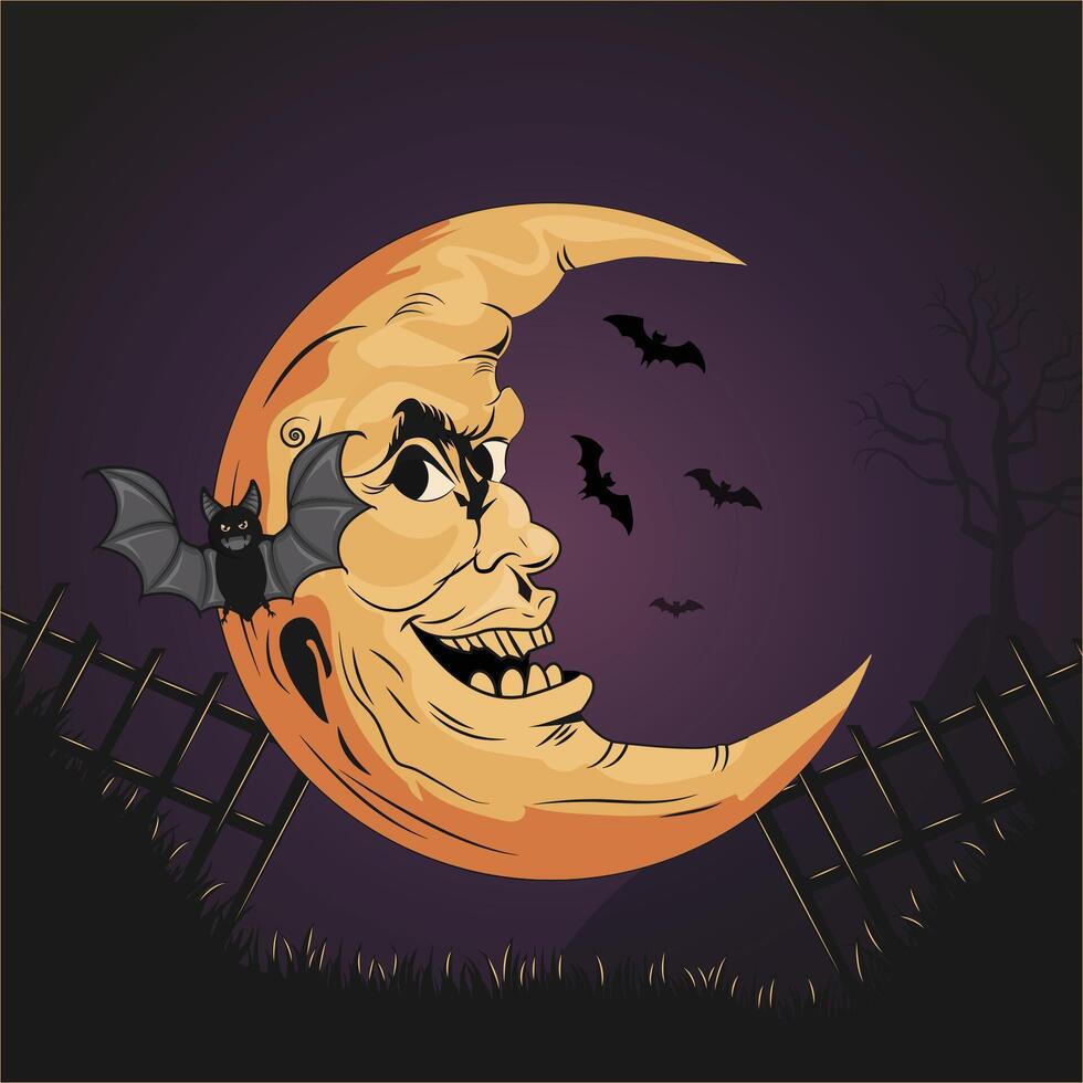 Spooky Crescent Moon with Bat. Halloween. vector