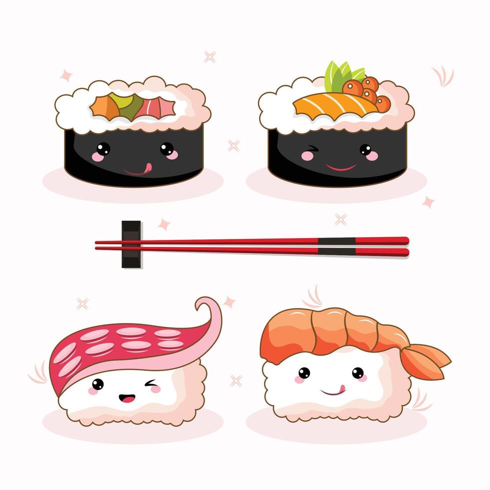 A cute collection of kawaii-style sushi with smiling faces vector