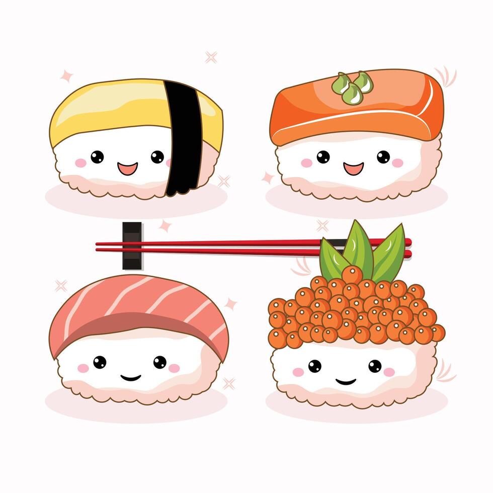 A cute collection of kawaii-style sushi with smiling faces vector