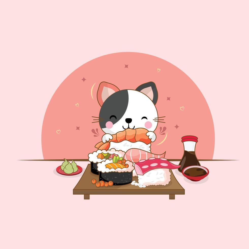 Cute cat eating sushi character vector