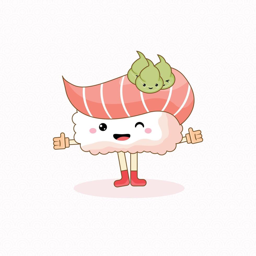 Kawaii Salmon Nigiri Sushi Illustration. Kawaii Sushi with Wasabi Topping. vector