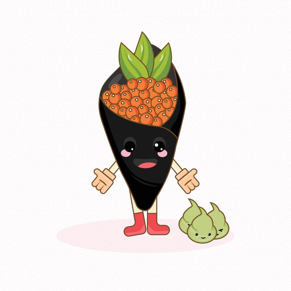 Cute Kawaii Temaki Sushi.Fun Food Character with Roe and Wasabi vector