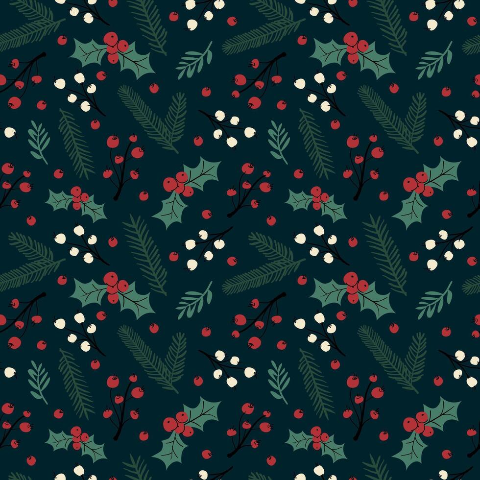 Seamless pattern with hand drawn floral branches and berries, christmas florals. Repeating dark background for wrapping paper, fabric, stationary products decoration. vector