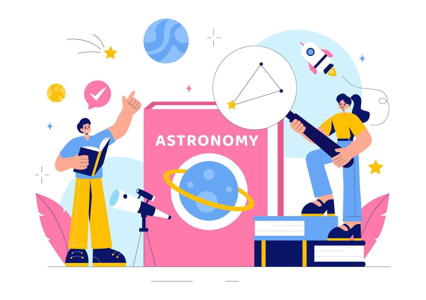 Universe Exploration Illustration with People Observing Galaxies, Stars, and Planets vector