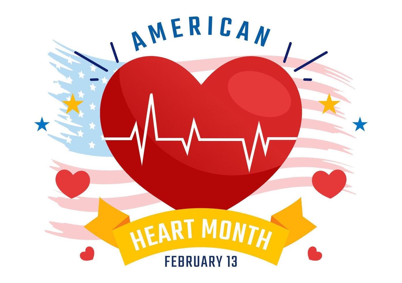 February American Heart Month Concept with Red Heart and USA Flag in Flat Style Background vector