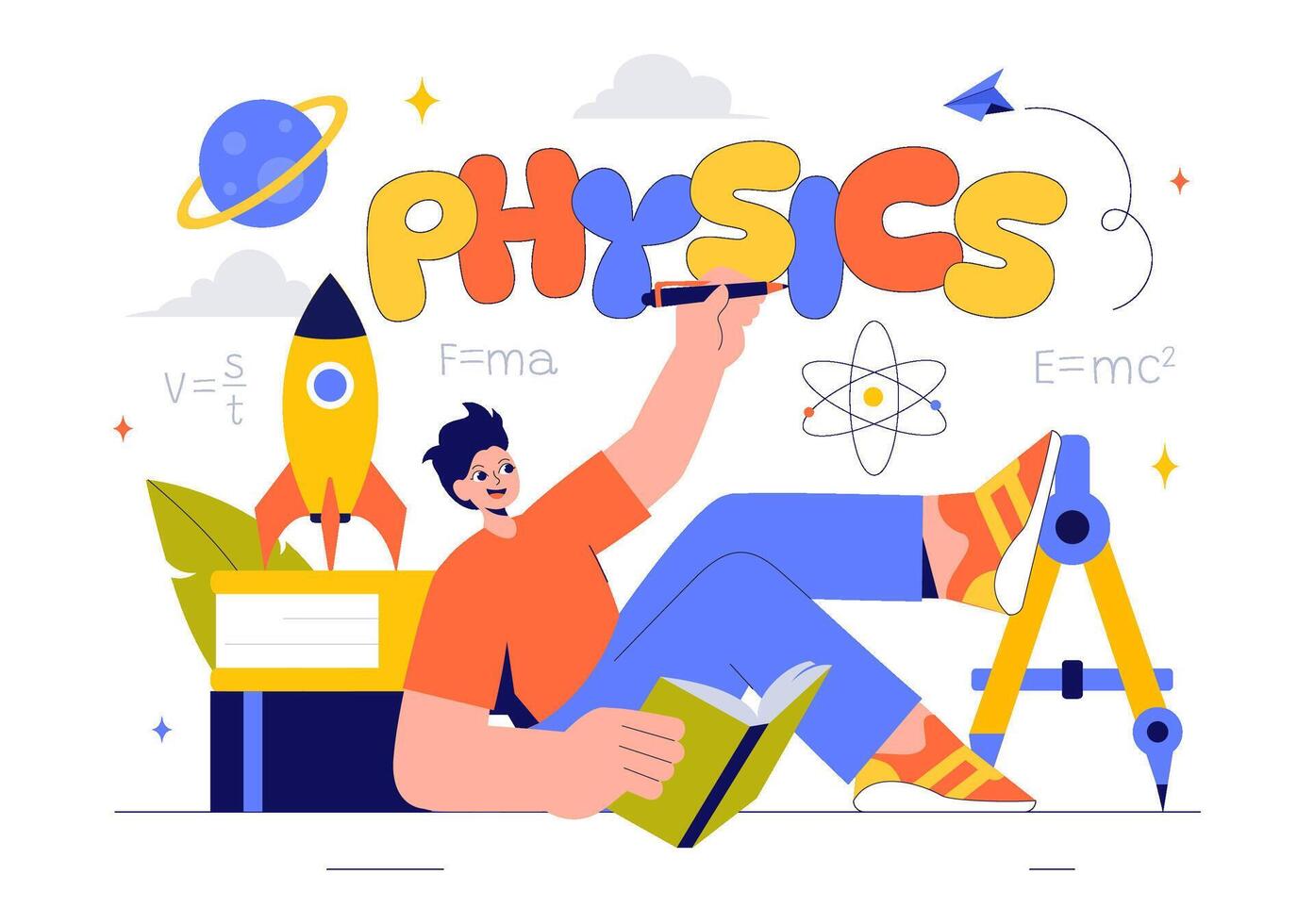 Physics Education Illustration with Students Studying Electricity, Magnetism, and Light Waves vector