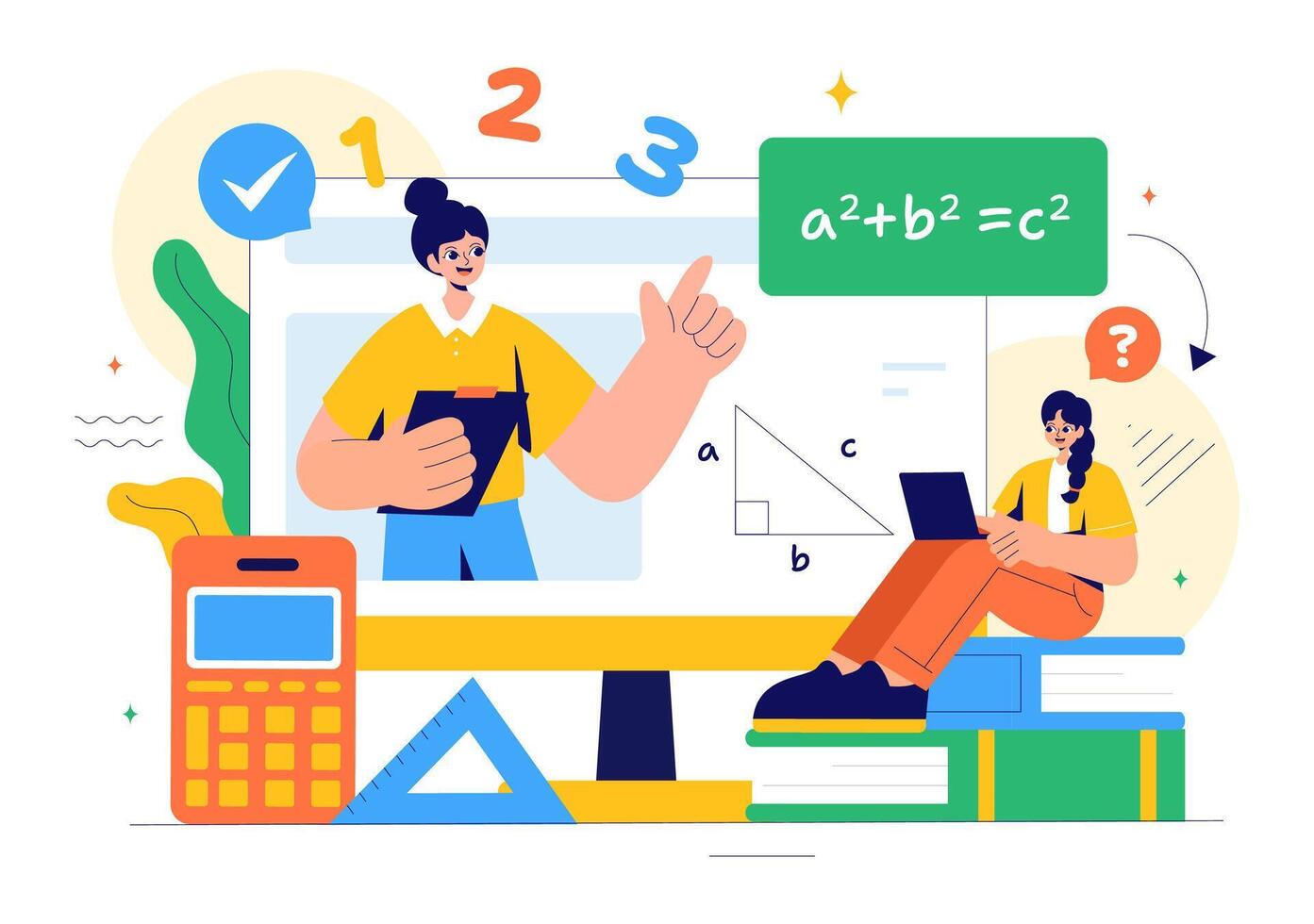 Educational Math Illustration with Geometry, Formulas, and School Stationery in a Flat Style vector
