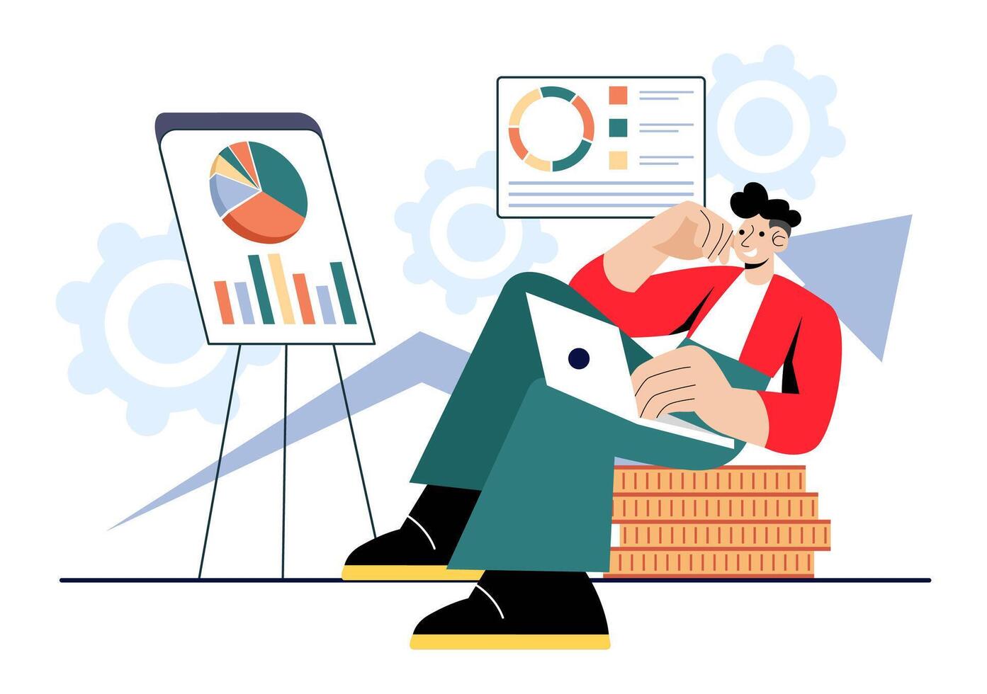 Professional Managers Illustration Showcasing Project Management and Financial Analysis in a Flat Design vector