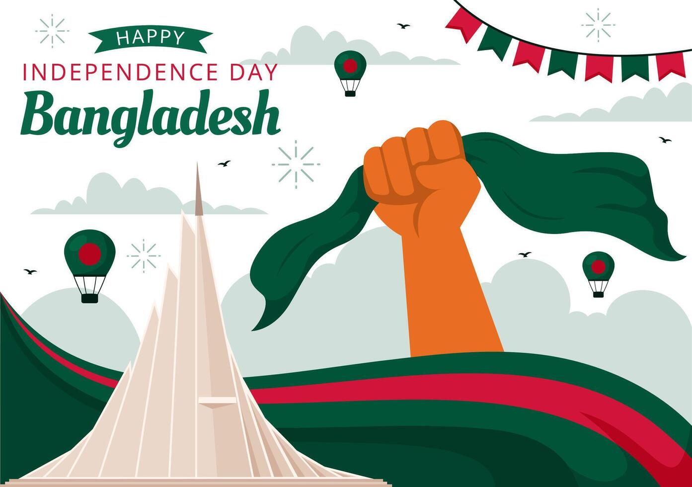 Festive Bangladesh Independence Day Art Featuring a Flag and National Landmark in Cartoon Style vector