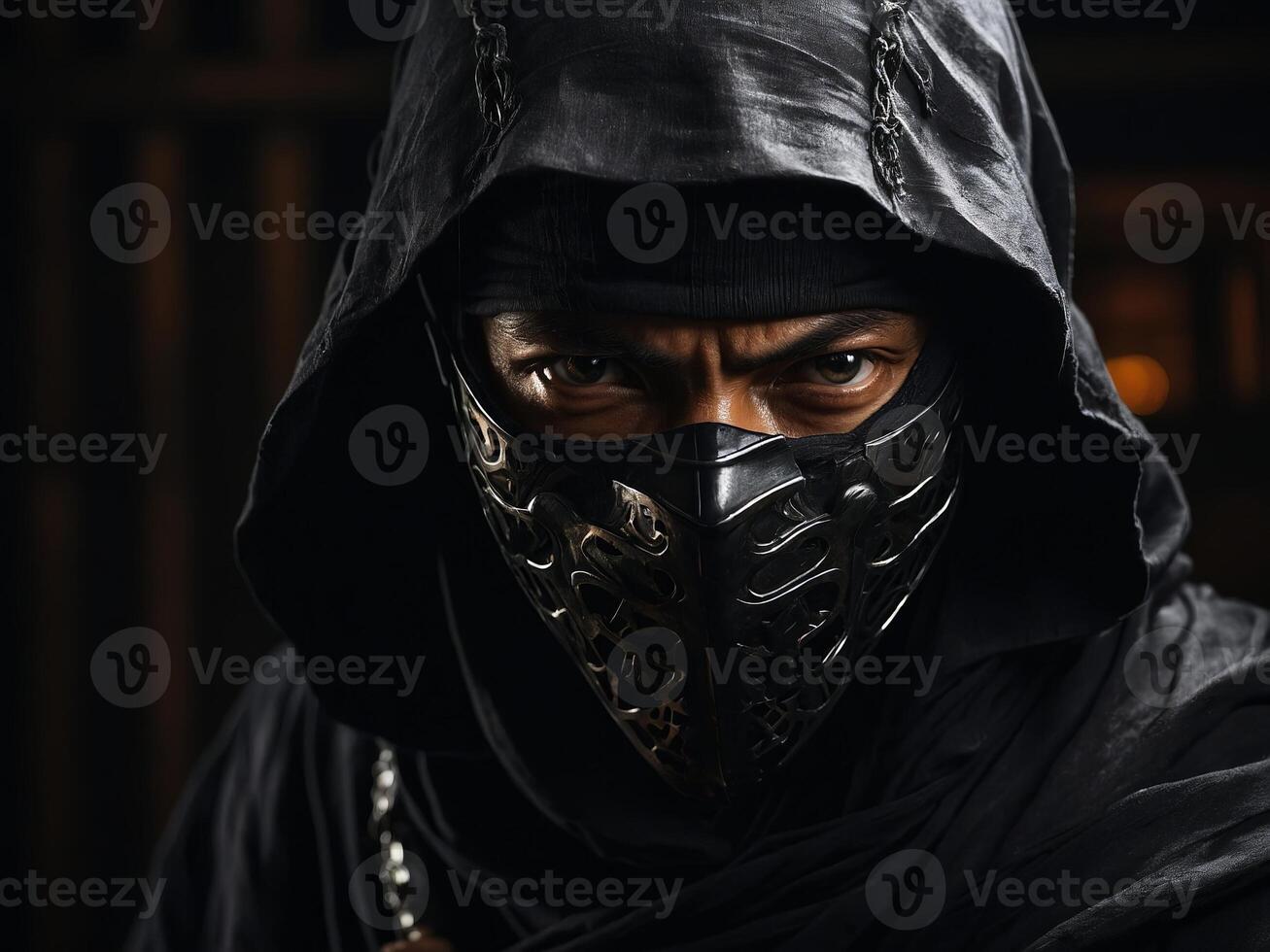 Mysterious warrior in dark attire preparing for battle in an ancient setting under soft lighting photo