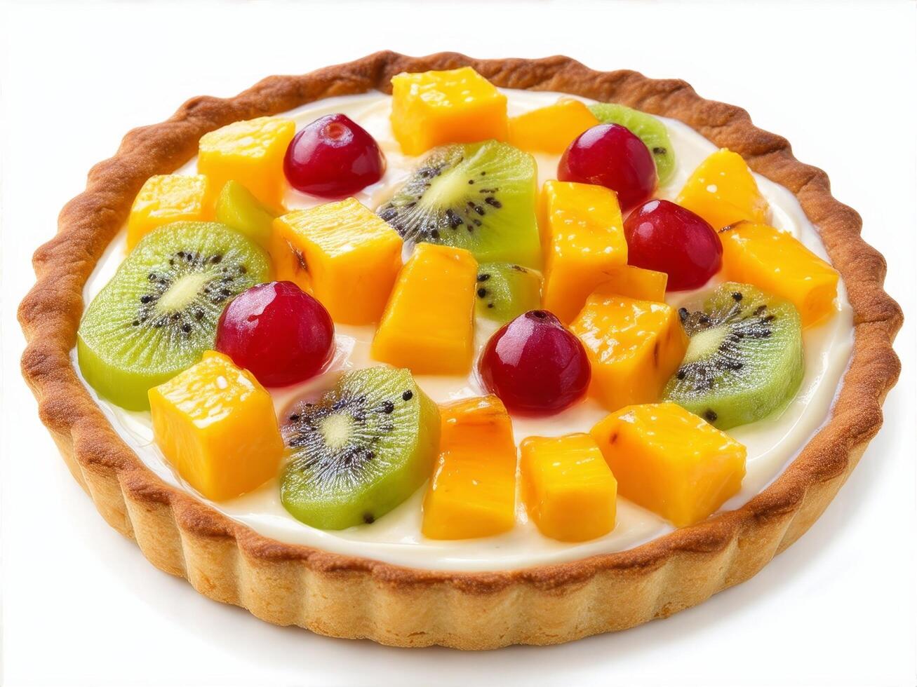 Delicious fruit tart featuring various colorful fruits with a creamy filling in a golden crust photo