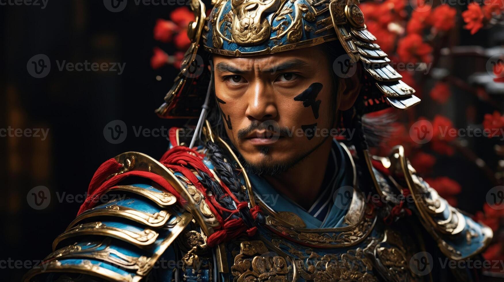 Traditional warrior in ornate armor stands confidently amidst vibrant red blossoms photo