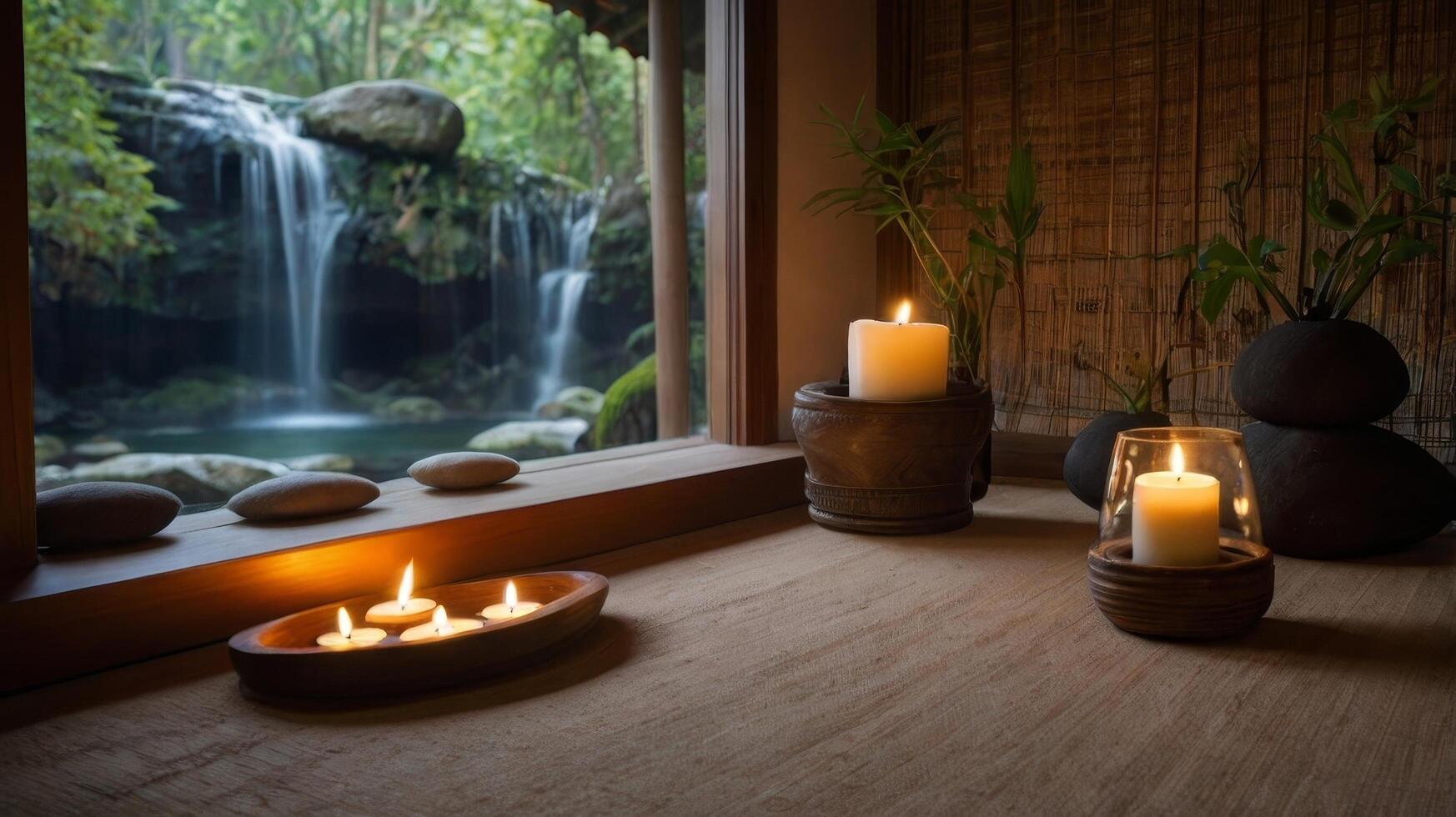 Tranquil indoor space with candles and a serene waterfall view during peaceful evening photo