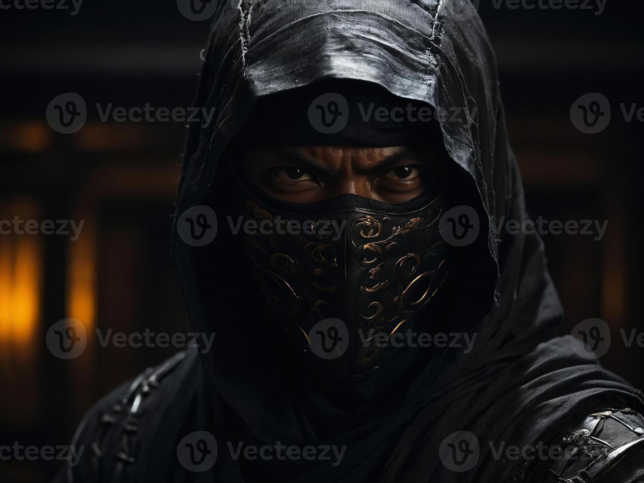 Mysterious figure in black attire prepares for action in dimly lit setting photo