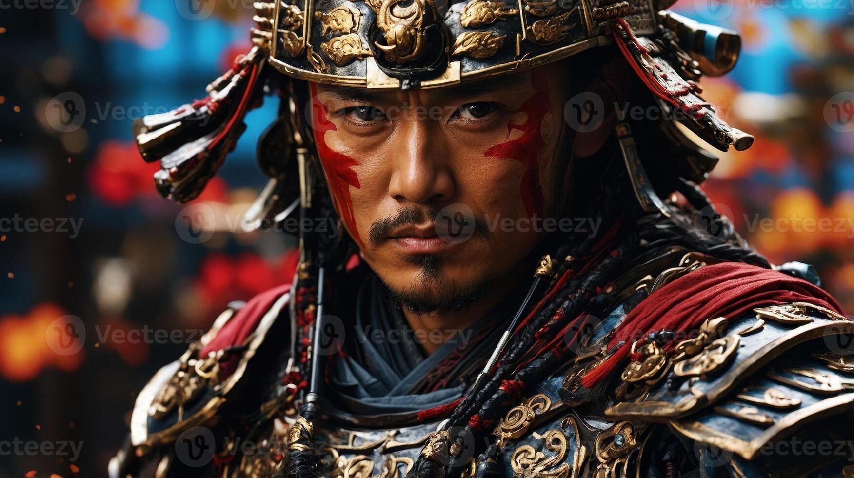 Warrior in ornate armor demonstrates intense focus during a historical reenactment photo