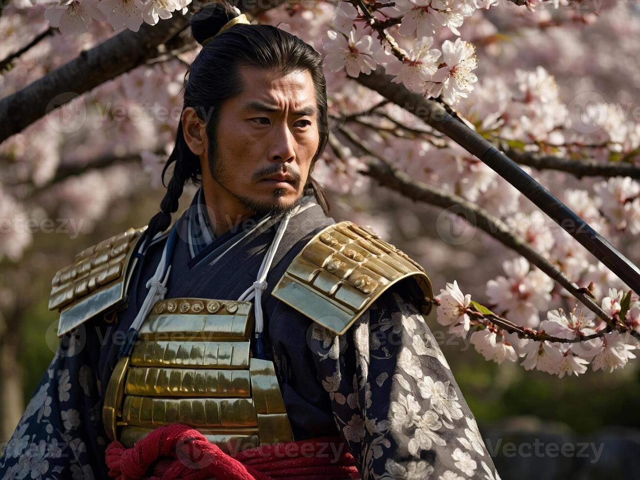 Samurai warrior stands among cherry blossoms during springtime in Japan photo