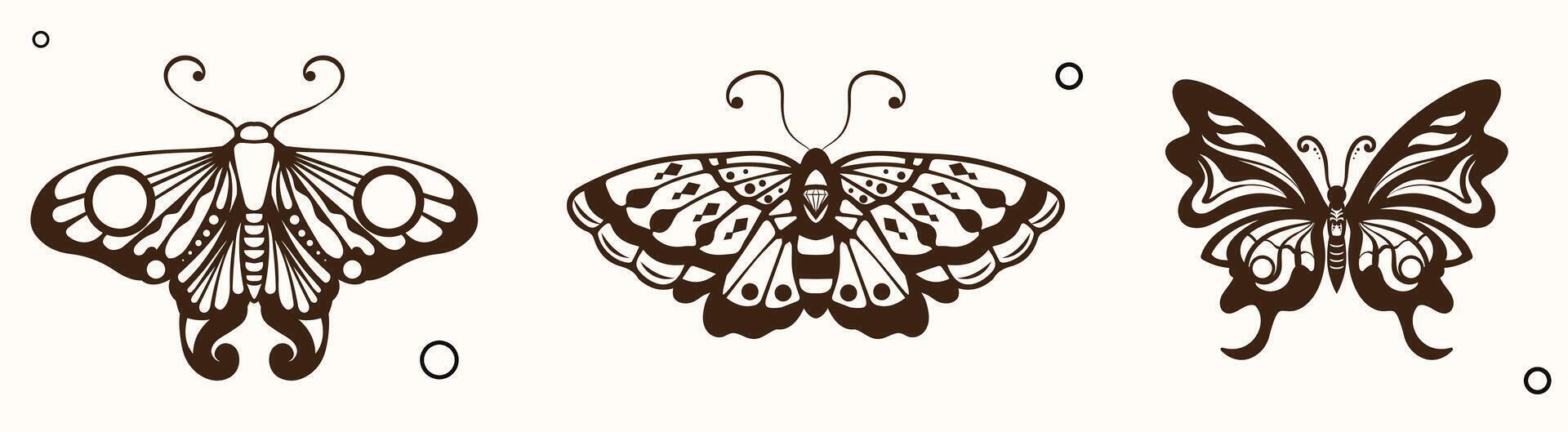 black and white Butterfly three set of wings in the style of wavy lines and organic shapes. Y2k aesthetic, tattoo silhouette, hand drawn stickers. vector