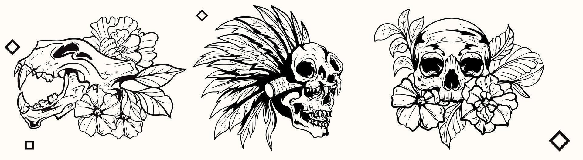 Black and white set of skeleton Line art and skull animal beast woodcut engraving style element for tattoos and apparel design vector