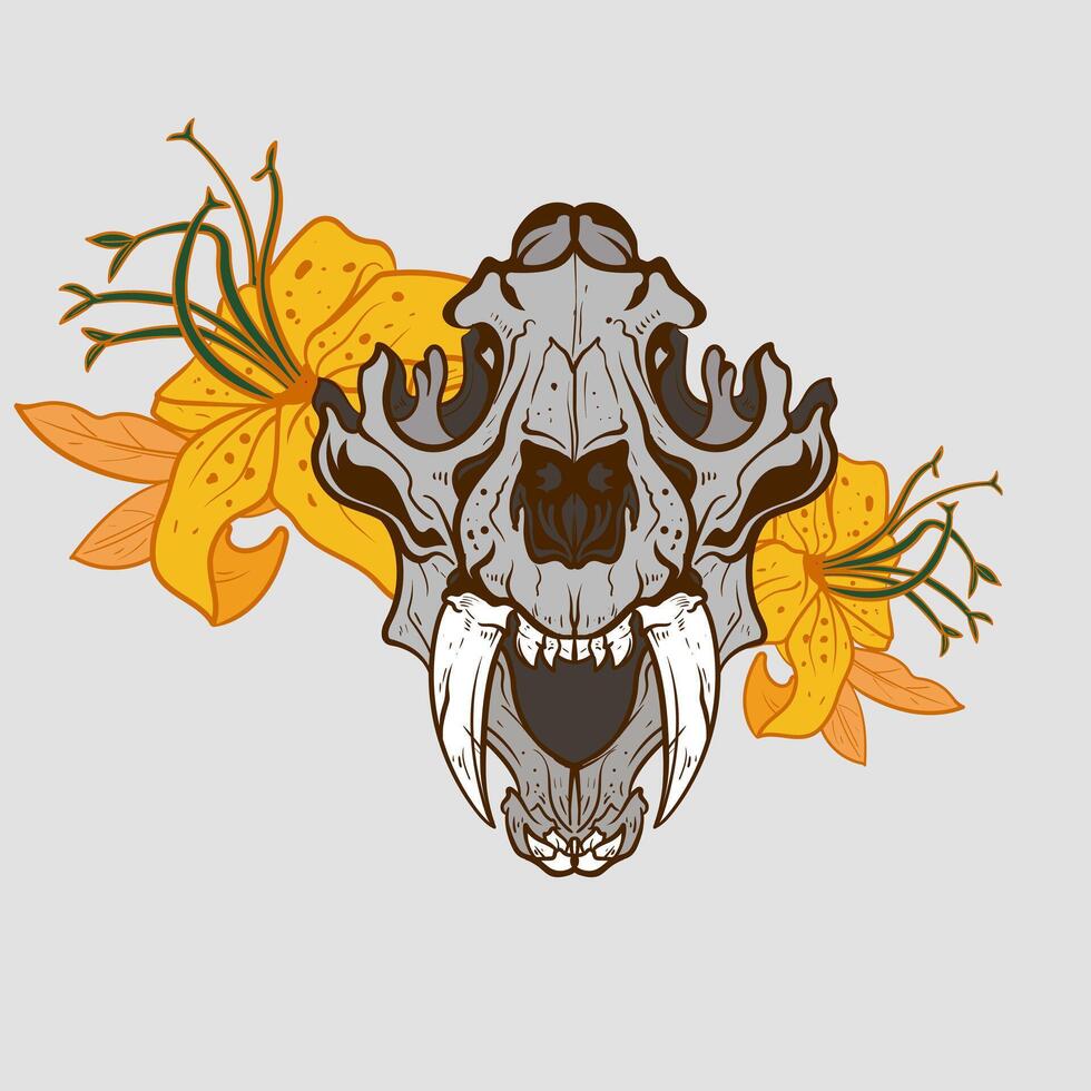 Skeleton Head Skull Dinosaur and leaves plant floral woodcut engraving style element for tattoos and apparel design vector