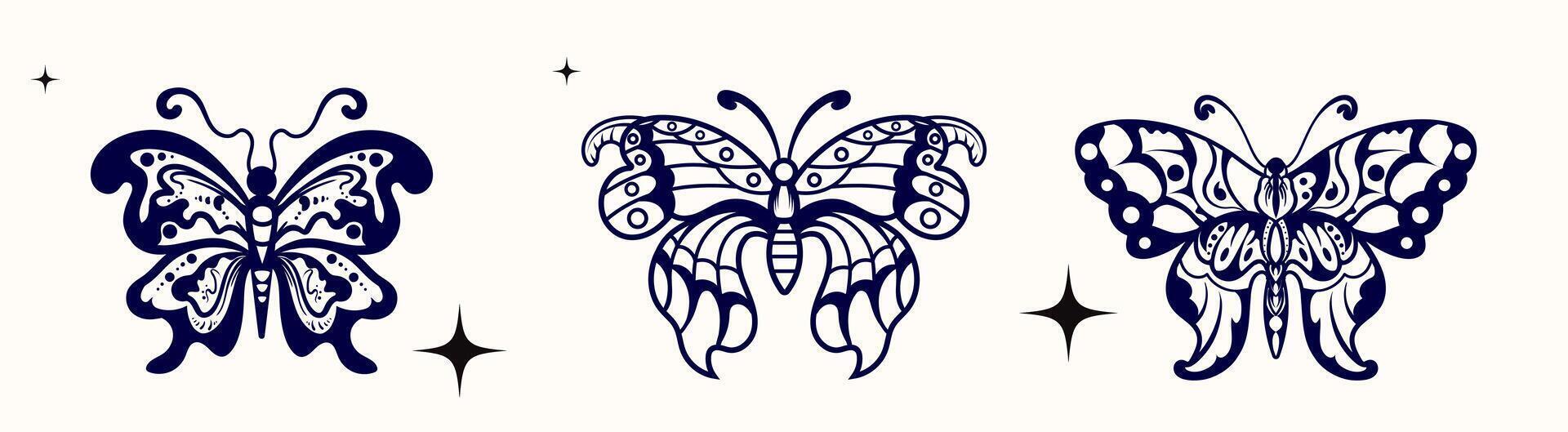 set of black and white Butterfly three wings in the style of wavy lines and organic shapes. Y2k aesthetic, tattoo silhouette, hand drawn stickers. vector