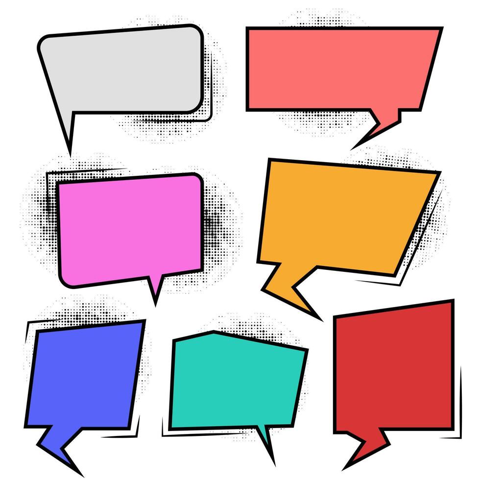 speech bubbles rectangular and elements balloon communication message set with black halftone shadows pop art style on isolated background vector