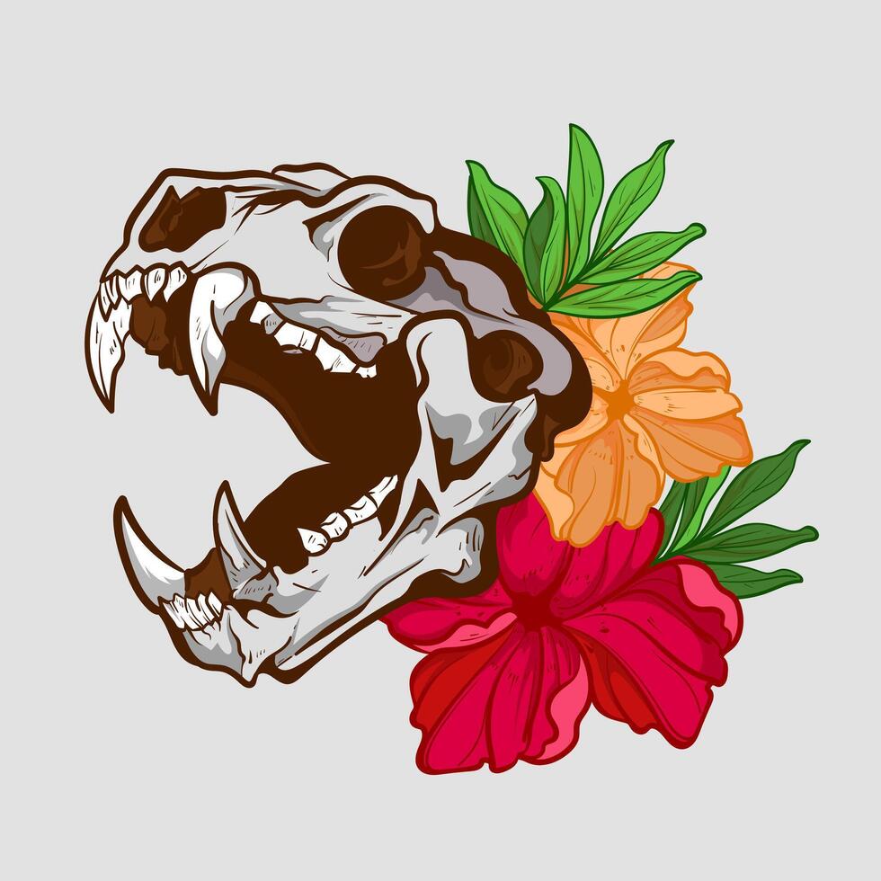 Head Skull animal Beast and leaves plant floral woodcut engraving style element for tattoos and apparel design vector
