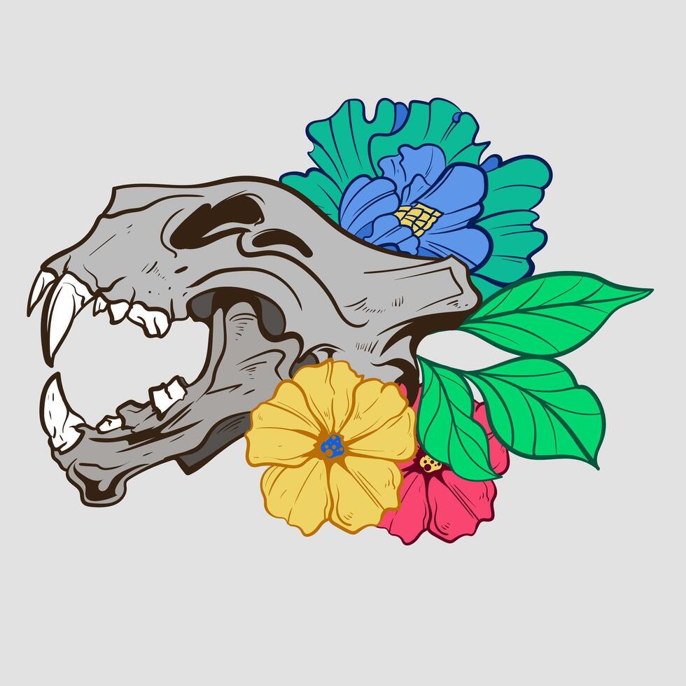 Beast Tyrannosaurus Rex Dinosaur Skeleton Head Skull animal and leaves plant floral woodcut engraving style element for tattoos and apparel design vector