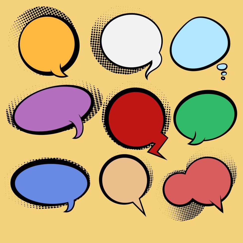 set of comic speech circle bubbles and elements balloon communication message set with black halftone shadows pop art style on isolated background vector
