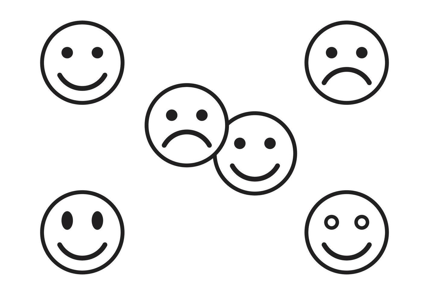 Simple black line art emoticons of happy and sad faces. Happy and sad emoji smiley faces line art icon. vector